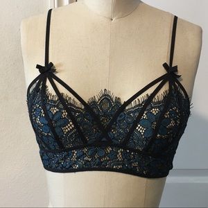 For Love & Lemons Blue and Black Lace Bralette S